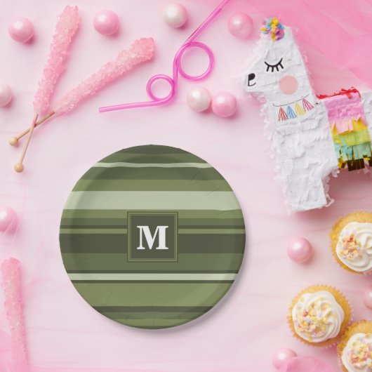 Oliven-Streifen in Monogramm Pappteller (Party)