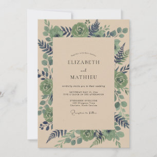 Oliven-Teal-Sukkulenten-Eukalyptus-Hochzeit Einladung