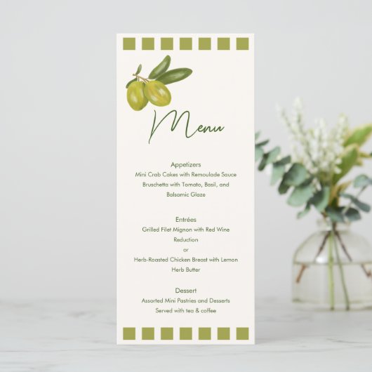 Oliven-Zeichnungen Hochzeitmenü Menükarte (Stehend Vorderseite)