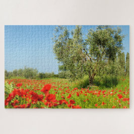Olivenbaum auf dem Mohnblumengebiet im Sommer Puzzle