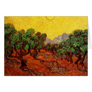 Olivenbäume mit gelbem Himmel und Sonne