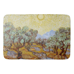Olivenbäume mit gelbem Himmel und Sonne Badematte