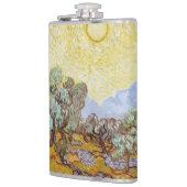 Olivenbäume mit gelbem Himmel und Sonne Flachmann (Links)