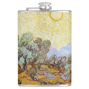 Olivenbäume mit gelbem Himmel und Sonne   Flachmann