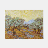 Olivenbäume mit gelbem Himmel und Sonne