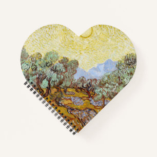 Olivenbäume mit gelbem Himmel und Sonne Notizblock