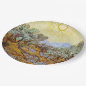 Olivenbäume mit gelbem Himmel und Sonne Pappteller (Schrägansicht)