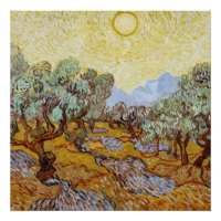Olivenbäume mit gelbem Himmel und Sonne