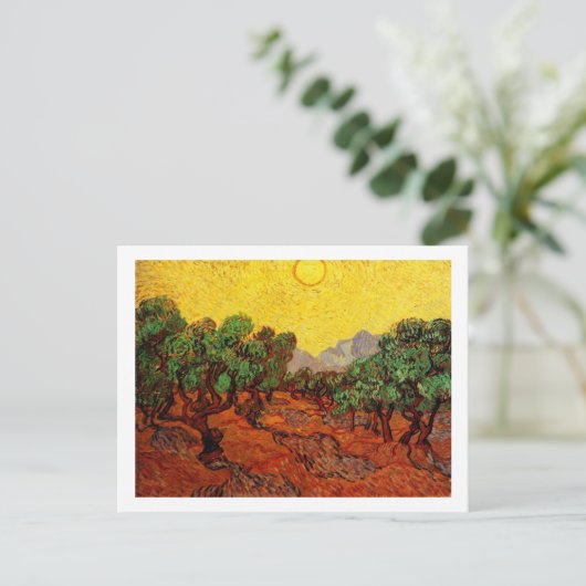 Olivenbäume mit gelbem Himmel und Sonne Postkarte (Stehend Vorderseite)