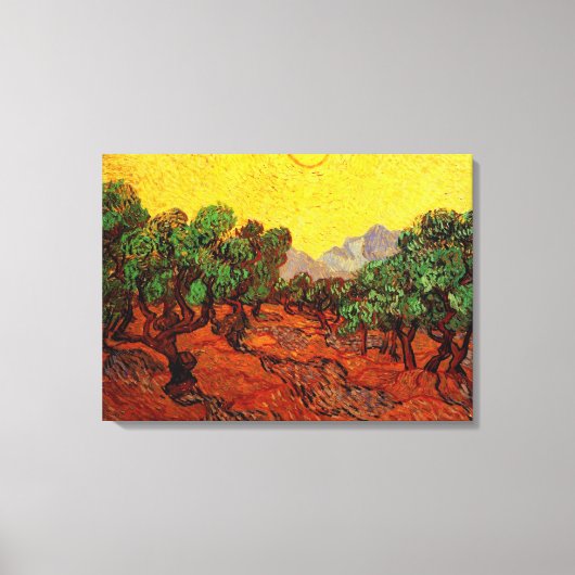 Olivenbäume mit gelbem Himmel und Sonne, van Gogh Leinwanddruck (Vorderseite)