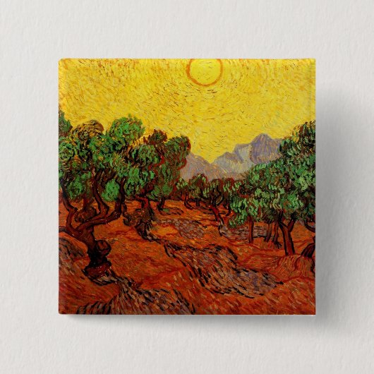 Olivenbäume mit gelbem Himmel und Sun Van Gogh Button (Vorderseite)