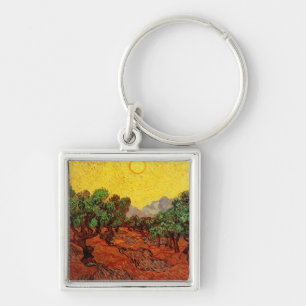 Olivenbäume mit gelbem Himmel und Sun Van Gogh Schlüsselanhänger
