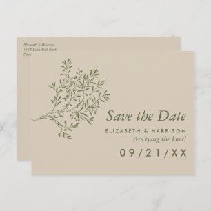 Olivenbaumzweig, Rustikale Hochzeit retten das Dat Ankündigungspostkarte
