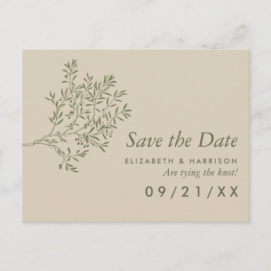 Olivenbaumzweig, Rustikale Hochzeit retten das Dat Ankündigungspostkarte (Vorderseite)