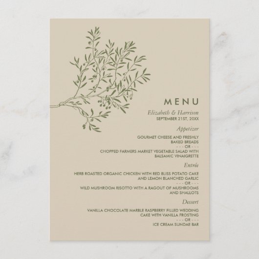 Olivenbaumzweig, rustikale und minimalistische Hoc Menükarte (Vorderseite)