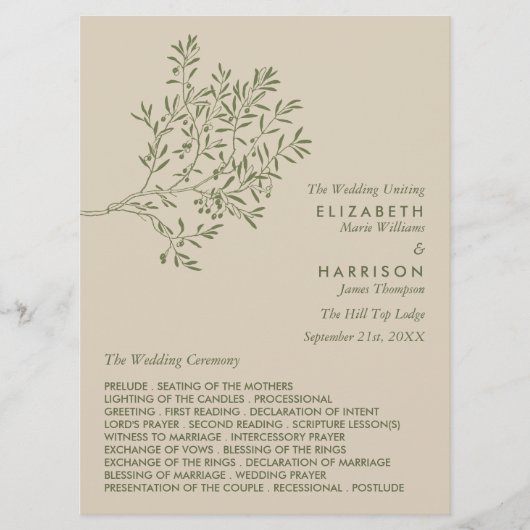 Olivenbaumzweig, rustikale und minimalistische Hoc Programm (Vorderseite)