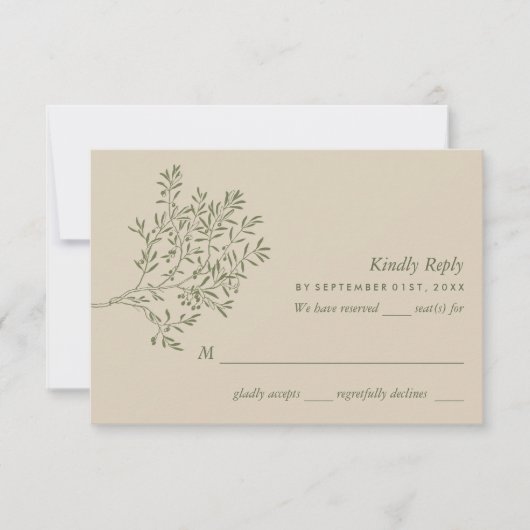 Olivenbaumzweig, rustikale und minimalistische Hoc RSVP Karte (Vorderseite)