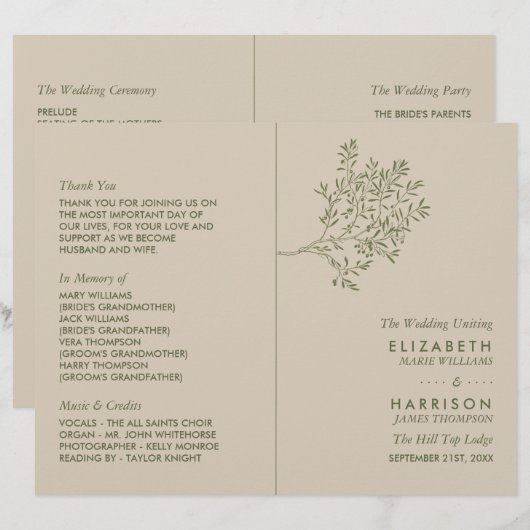 Olivenbaumzweig, Rustikales Hochzeitsprogramm (Vorne/Hinten)