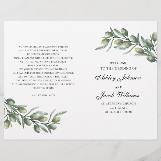 Olivenblätter. Italienisches Hochzeitsprogramm gef (Vorderseite)