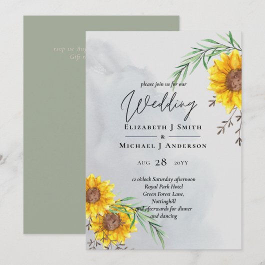 Olivenblätter Sonnenblumen Rustikale Hochzeit (Vorne/Hinten)