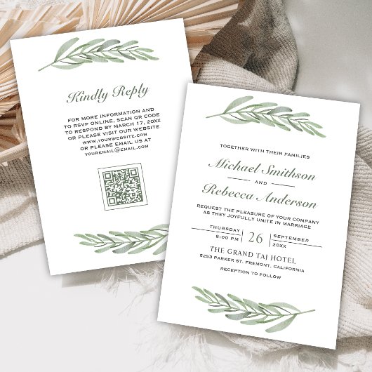 Olivenblätter Zweig QR-Code Hochzeit Einladung