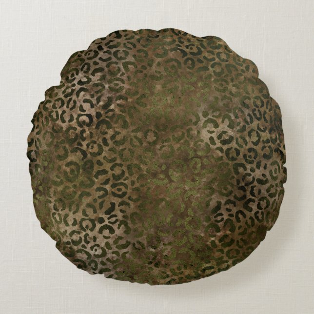Olivenbraun-Leopard-Druck Rundes Kissen (Vorderseite)