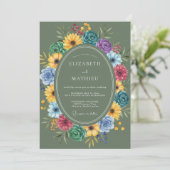 Olivenfarbene wilde Blumenhochzeit Einladung (Stehend Vorderseite)
