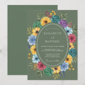 Olivenfarbene wilde Blumenhochzeit Einladung (Vorne/Hinten)