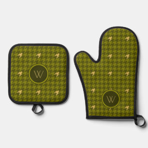 Olivenfarbener Houndstooth mit goldenem Akzent Ofenhandschuh & Topflappen-Set