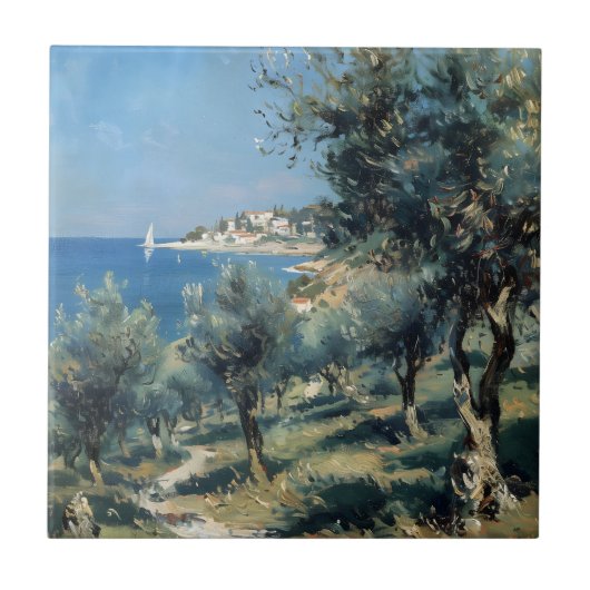 Olivenhain mit Küstenort und Meer Fliese (Vorderseite)
