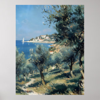 Olivenhain mit Küstenort und Meer Poster