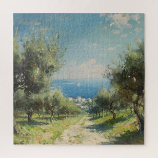 Olivenhain mit Küstenort und Meer Puzzle