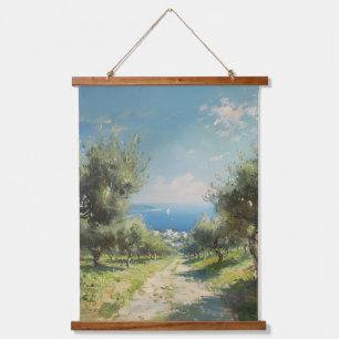 Olivenhain mit Küstenort und Meer Wandteppich Mit Holzrahmen