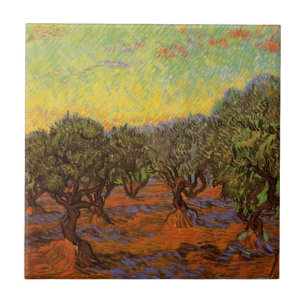 Olivenhain, orangener Himmel von Vincent van Gogh Fliese