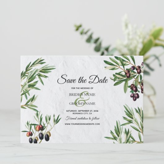 Olivenhaine Blätter Griechische Insel Hochzeit im Save The Date (Stehend Vorderseite)