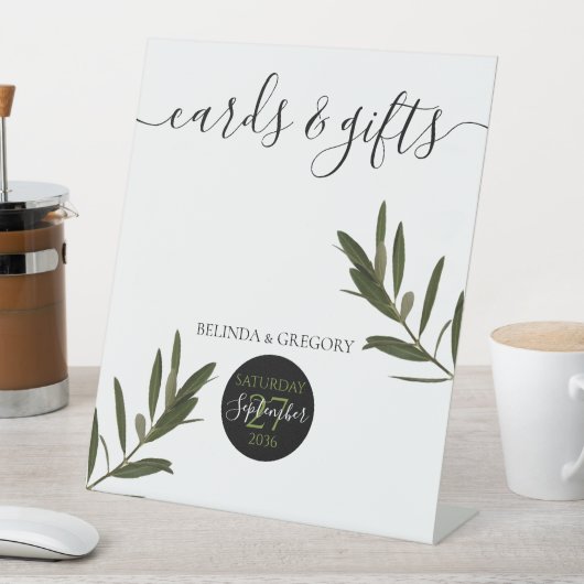 Olivenhaine Blätter Grüne Hochzeitskarte und Gesch Sockelschild (In Situ)