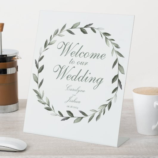 Olivenkranz Willkommen in unserem Hochzeitselegant Sockelschild (In Situ)