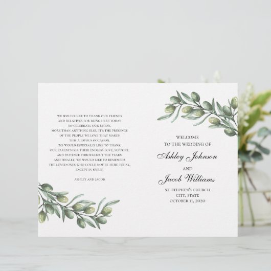 Olivenöl-Blätter. Italienisches Hochzeitsprogramm (Stehend Vorderseite)