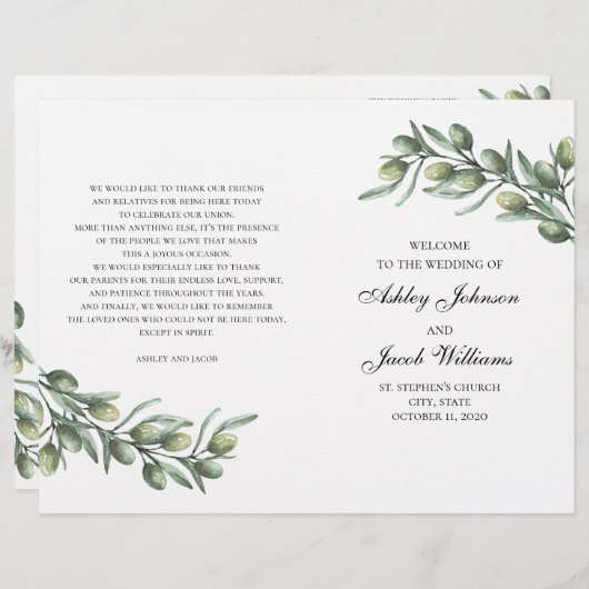 Olivenöl-Blätter. Italienisches Hochzeitsprogramm  (Vorne/Hinten)