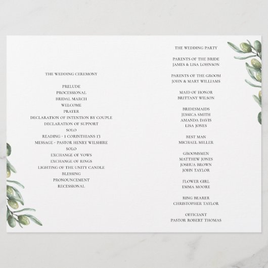 Olivenöl-Blätter. Italienisches Hochzeitsprogramm  (Rückseite)