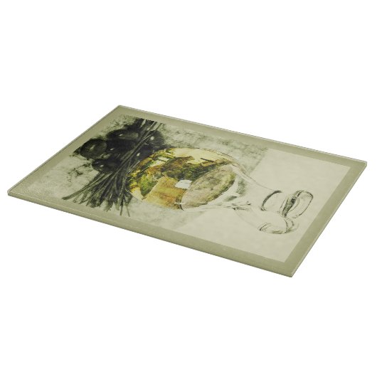 Olivenöl Carafe-Stillleben Schneidebrett (Ecke)