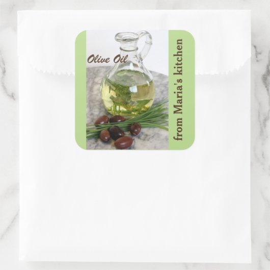 Olivenöl mit Oliven Quadratischer Aufkleber (Tasche)