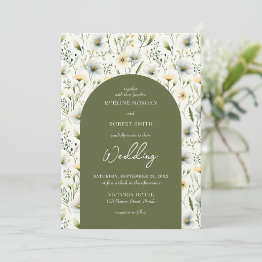 Olivenöl und weiße Blume, gewölbt Einladung (Stehend Vorderseite)