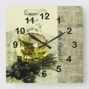 Olivenölflasche, die Stillleben kocht Quadratische Wanduhr