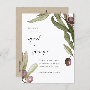 OLIVENWASSERFARBE FLIAGE FLORAL SAVE THE DATE CARD ANKÜNDIGUNGSPOSTKARTE