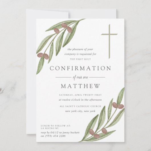 Olivenzweig Heilige Kommunion oder Bestätigung Einladung (Vorderseite)