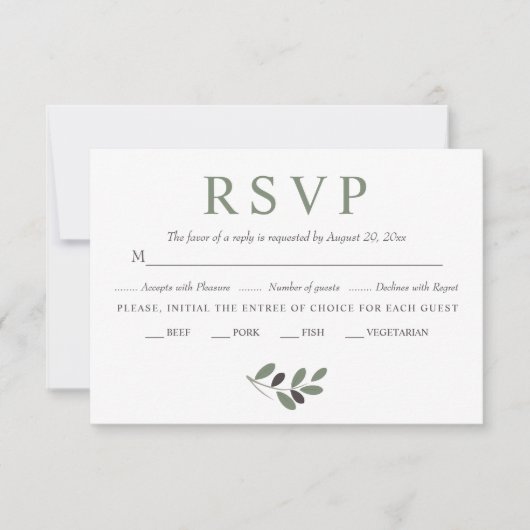 Olivenzweig Mittelmeercharme Grüne Hochzeit RSVP Karte (Vorderseite)