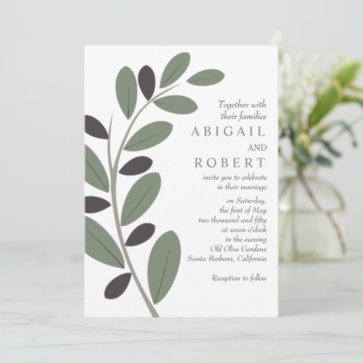 Olivenzweig Mittelmeercharme QR Code Hochzeit Einladung (Stehend Vorderseite)