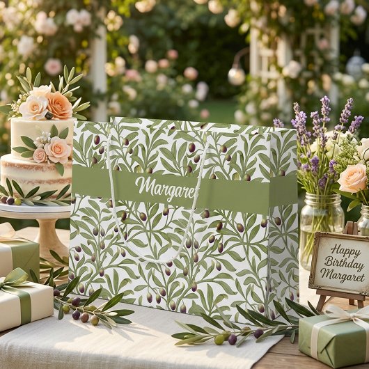 Olivenzweig Name Monogramm Salbeigrün Große Geschenktüte