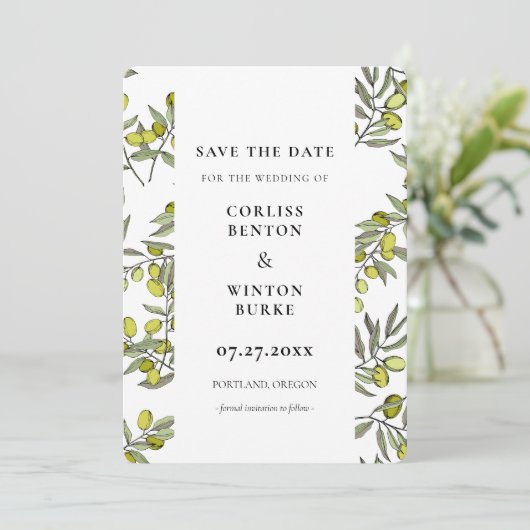 Olivenzweig Save the Date Einladung (Stehend Vorderseite)